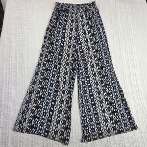 Boho Wide Leg Ikat Diamond Print Smocked Waist Rayon Flowy Blue Pants EUC Womens